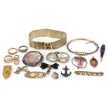 Antique and later jewellery including Victorian gold plated brooches, Whitby jet pendant with