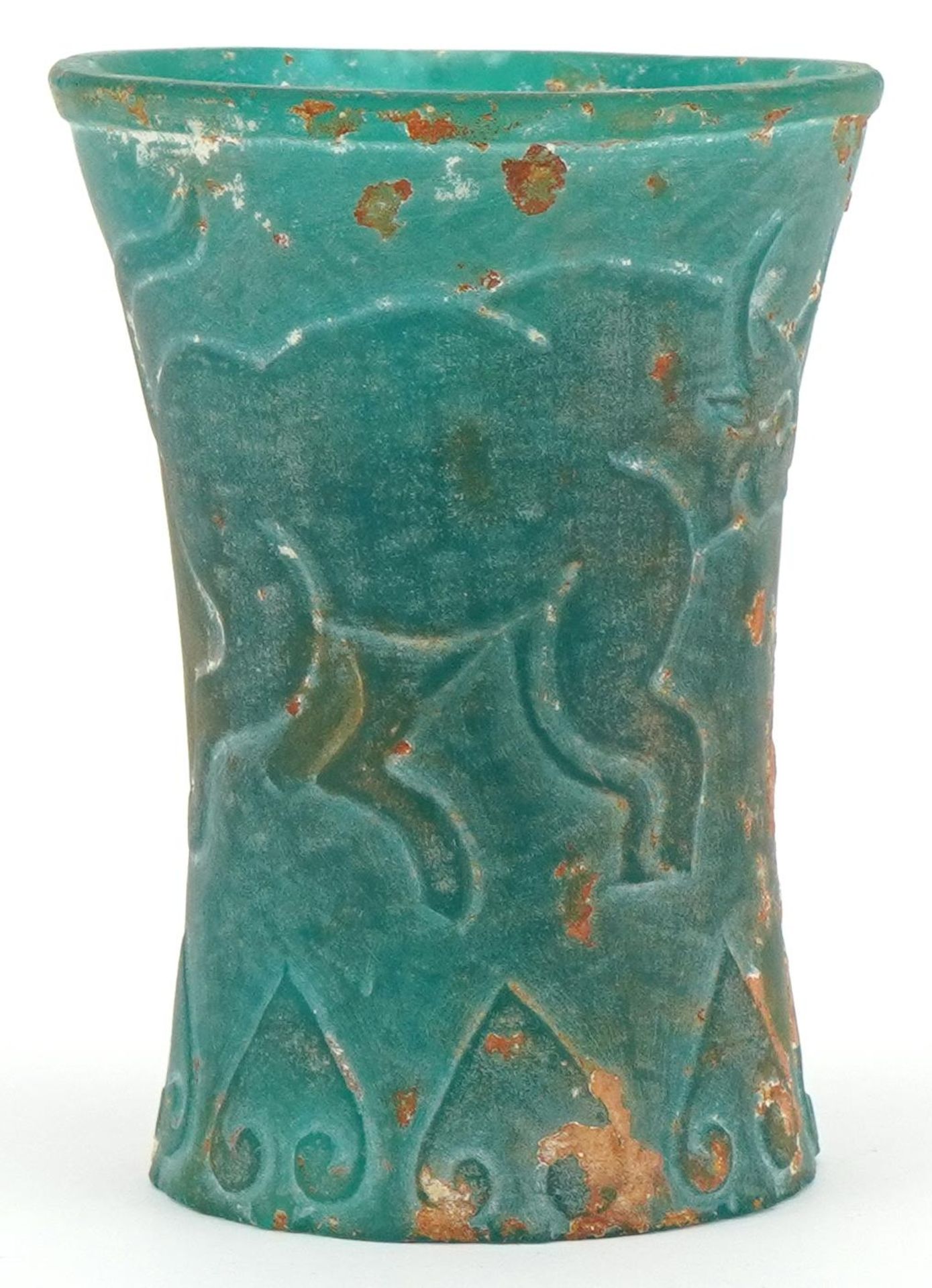 Chinese archaic style turquoise glass beaker decorated with mythical animals, 10.5cm high : For - Image 4 of 6