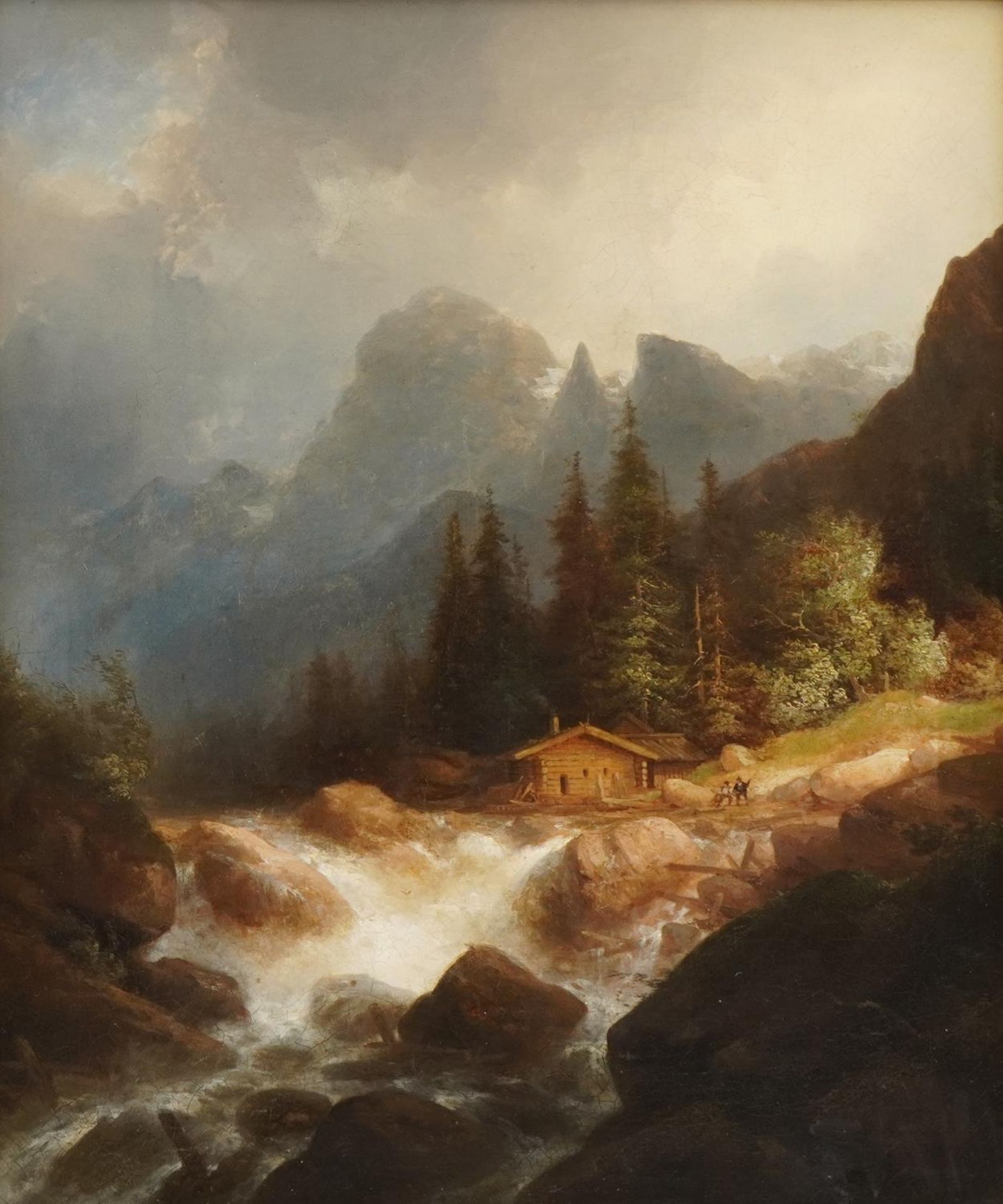Theodor Verhas - Fisherman beside a waterfall, 19th century Bavarian oil on canvas, details verso,