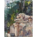 Garden scene with lion statue, Impressionist oil on canvas board, unframed, 35cm x 27cm : For