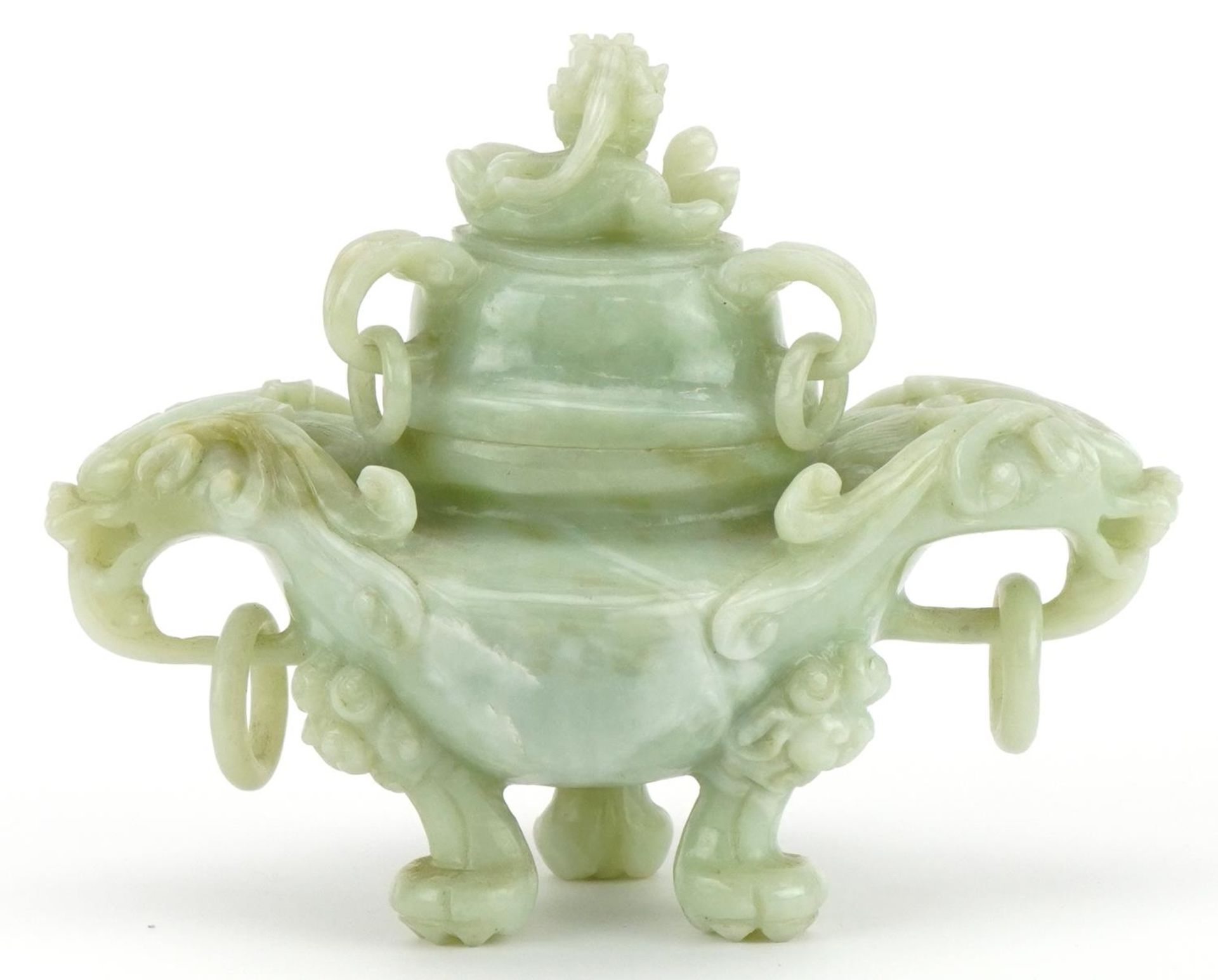 Chinese carved green hardstone lidded tripod censer with ring turned dragon handles, 19.5cm wide : - Image 5 of 9