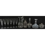 Georgian and later glassware comprising a water jug, bowl and cover, set of six Champagne flutes and