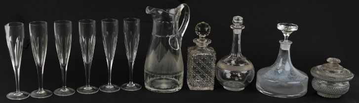 Georgian and later glassware comprising a water jug, bowl and cover, set of six Champagne flutes and