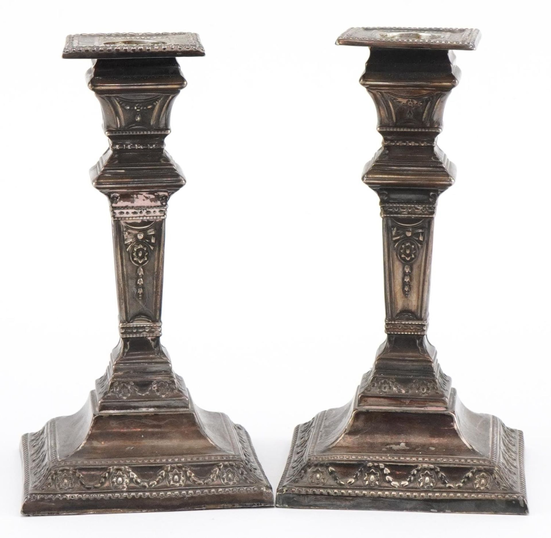 James Deakin & Sons, pair of Victorian silver Adams style square tapering candlesticks embossed with - Image 2 of 4