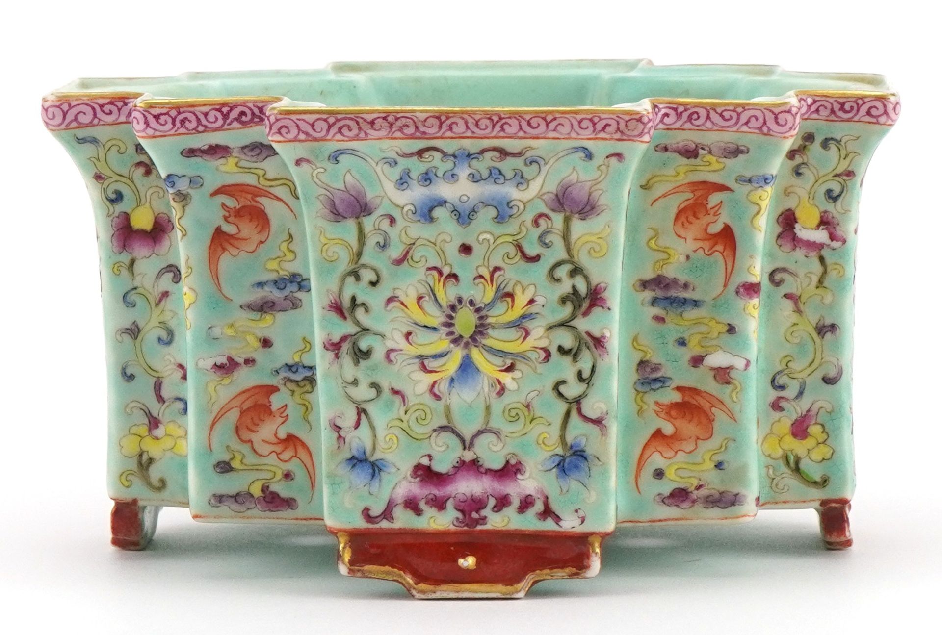 Chinese porcelain four footed planter having a turquoise glaze hand painted in the famille rose - Image 5 of 9