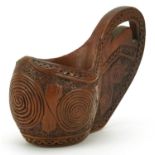 Norwegian treen Kuksa cup carved with stylised motifs, 13cm in length : For further information on