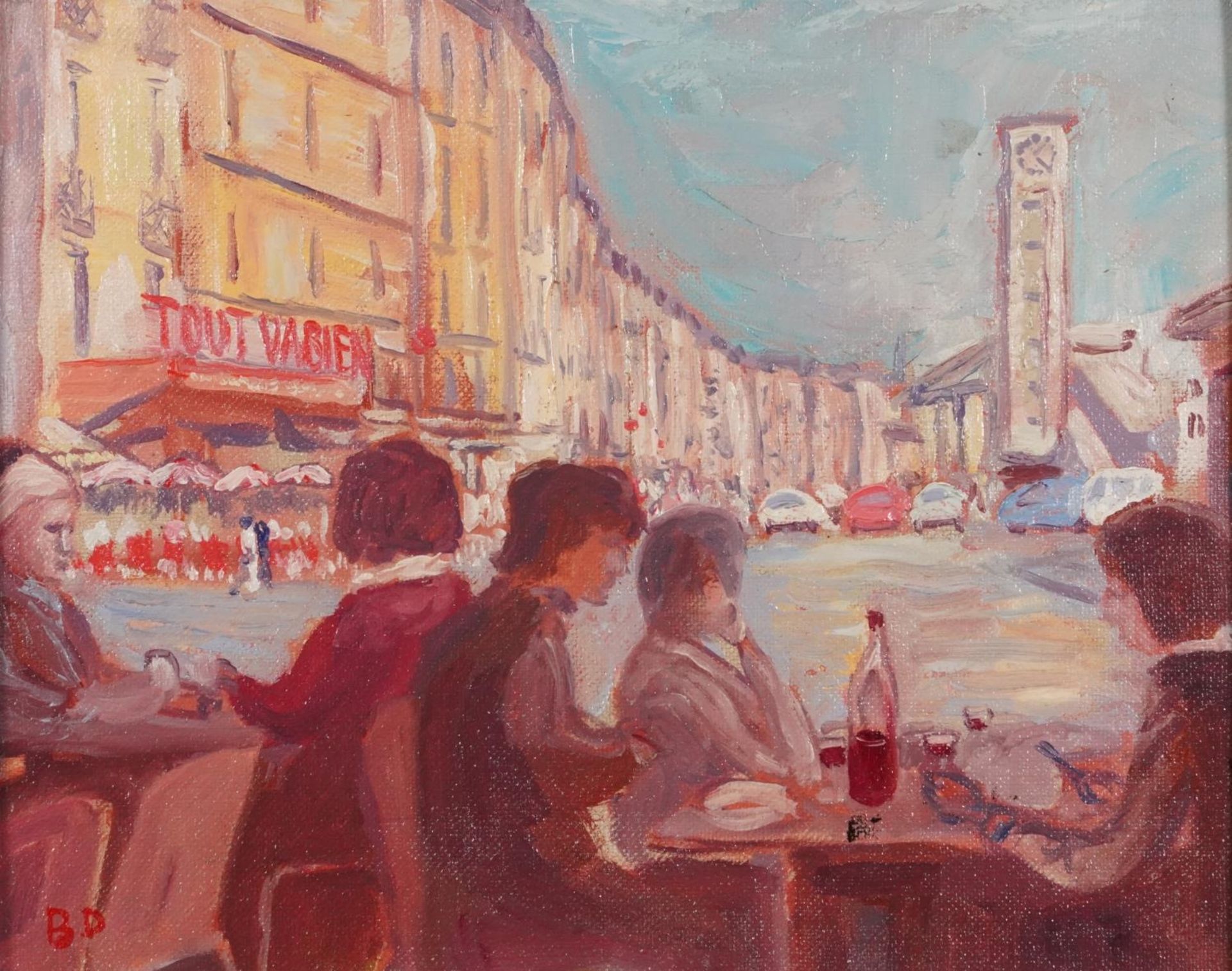 French street scene, Camden school oil on canvas board, framed, 24.5cm x 19.5cm excluding the