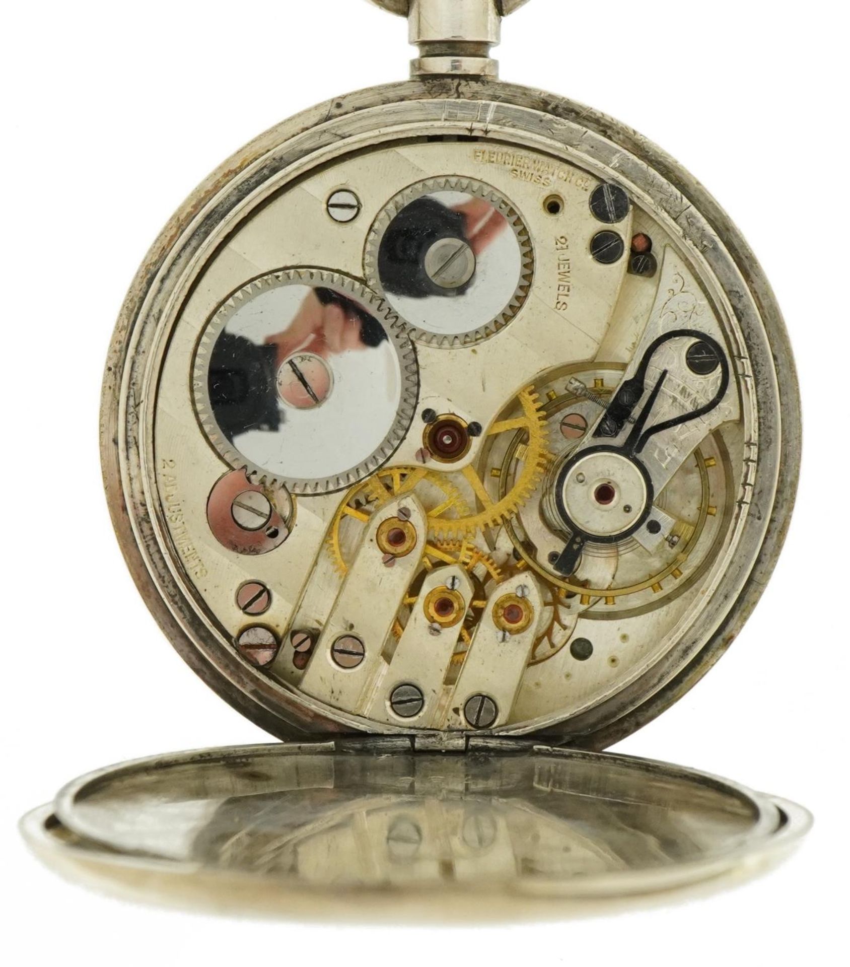 Gentlemen's silver open face pocket watch with enamelled dial on a graduated silver watch chain with - Image 4 of 6