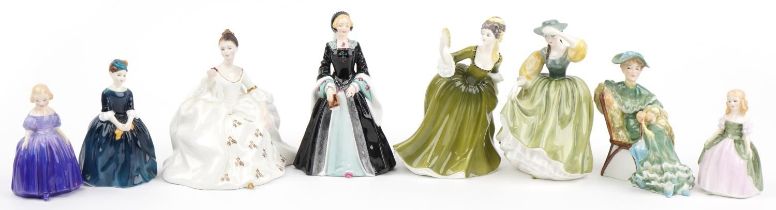 Eight Royal Doulton figurines including Janice HN2165 and Cherie HN2341, the largest 19cm high : For