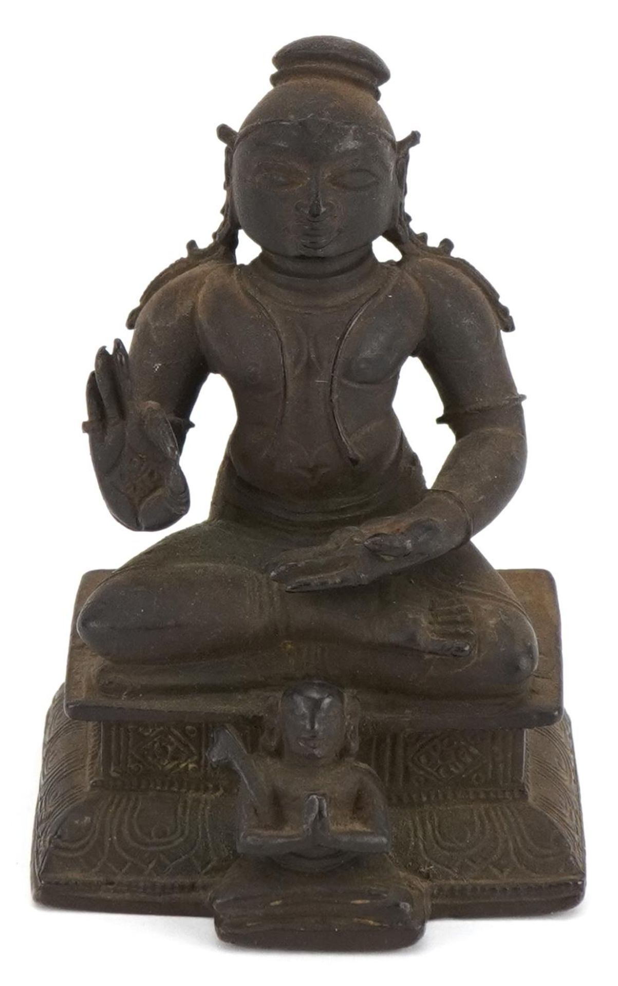18th Century Chino Tibetan bronze buddha with raised hand, 6cms high, weight 196 grammes : For