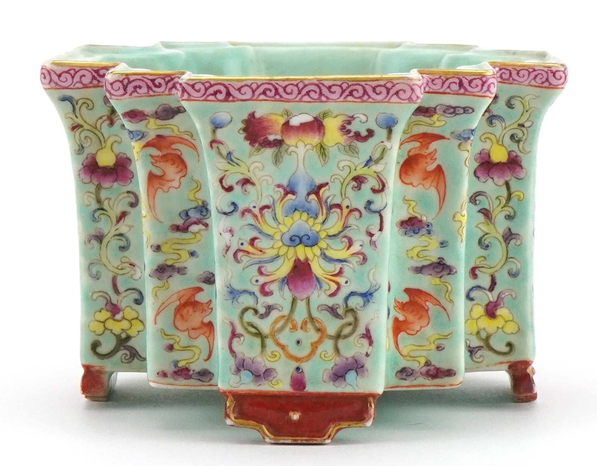 Chinese porcelain four footed planter having a turquoise glaze hand painted in the famille rose - Image 4 of 9