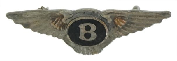 Silver and enamel Bentley automobile car mascot brooch numbered 1088, 3.5cm wide, 3.0g : For further