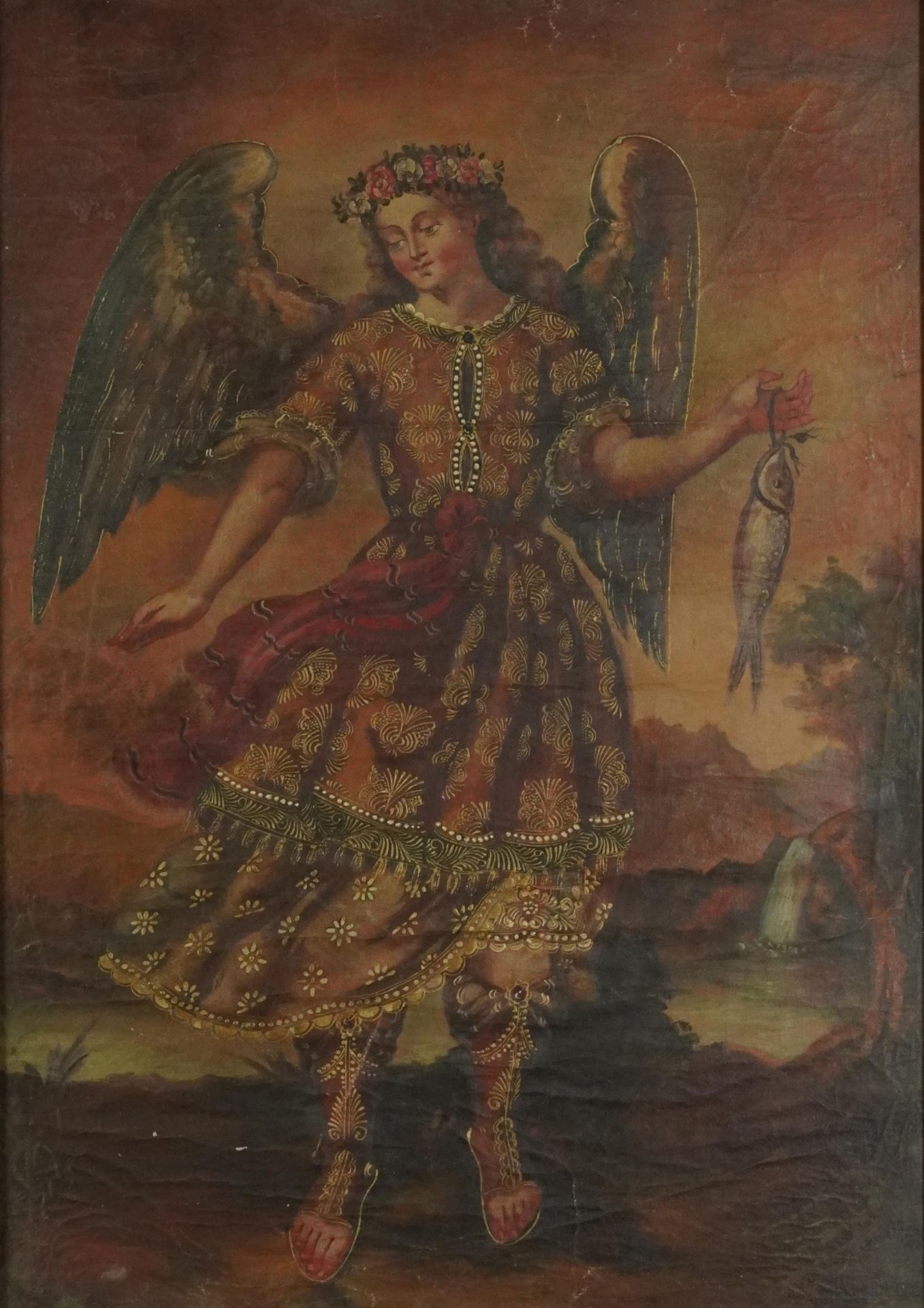 St Michael The Archangel, antique Cuzco School oil on canvas, framed and glazed, 66.5cm x 47.5cm,