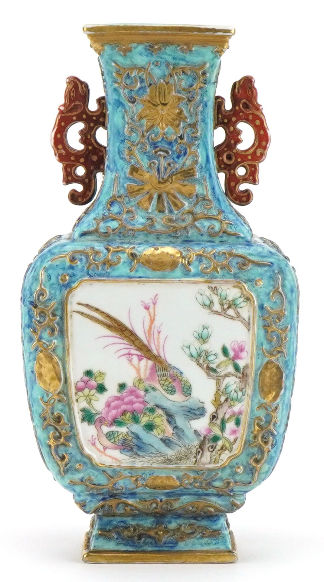 Chinese porcelain blue ground vase with iron red animalia handles finely hand painted in the famille - Image 2 of 10