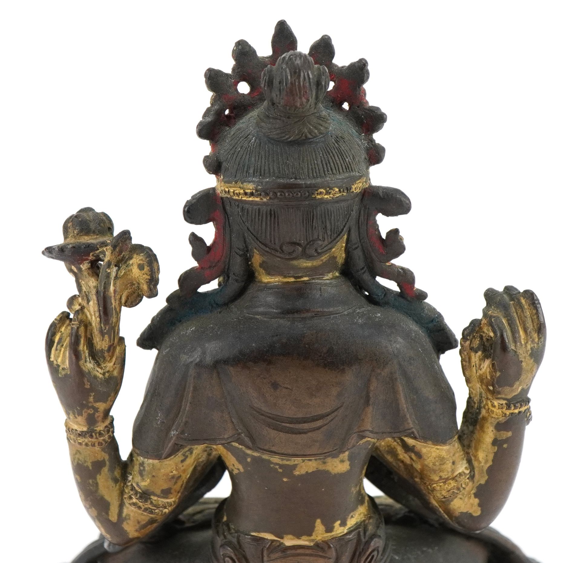 18th Century Chino Tibetan gilt bronze buddha of Sadaksari inset with turquoise cabochons, 16cm high - Image 7 of 10