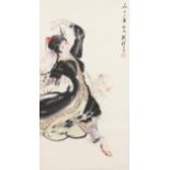 Asian dancer, Chinese ink and watercolour scroll signed with red seal marks and calligraphy, 98cm
