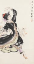 Asian dancer, Chinese ink and watercolour scroll signed with red seal marks and calligraphy, 98cm