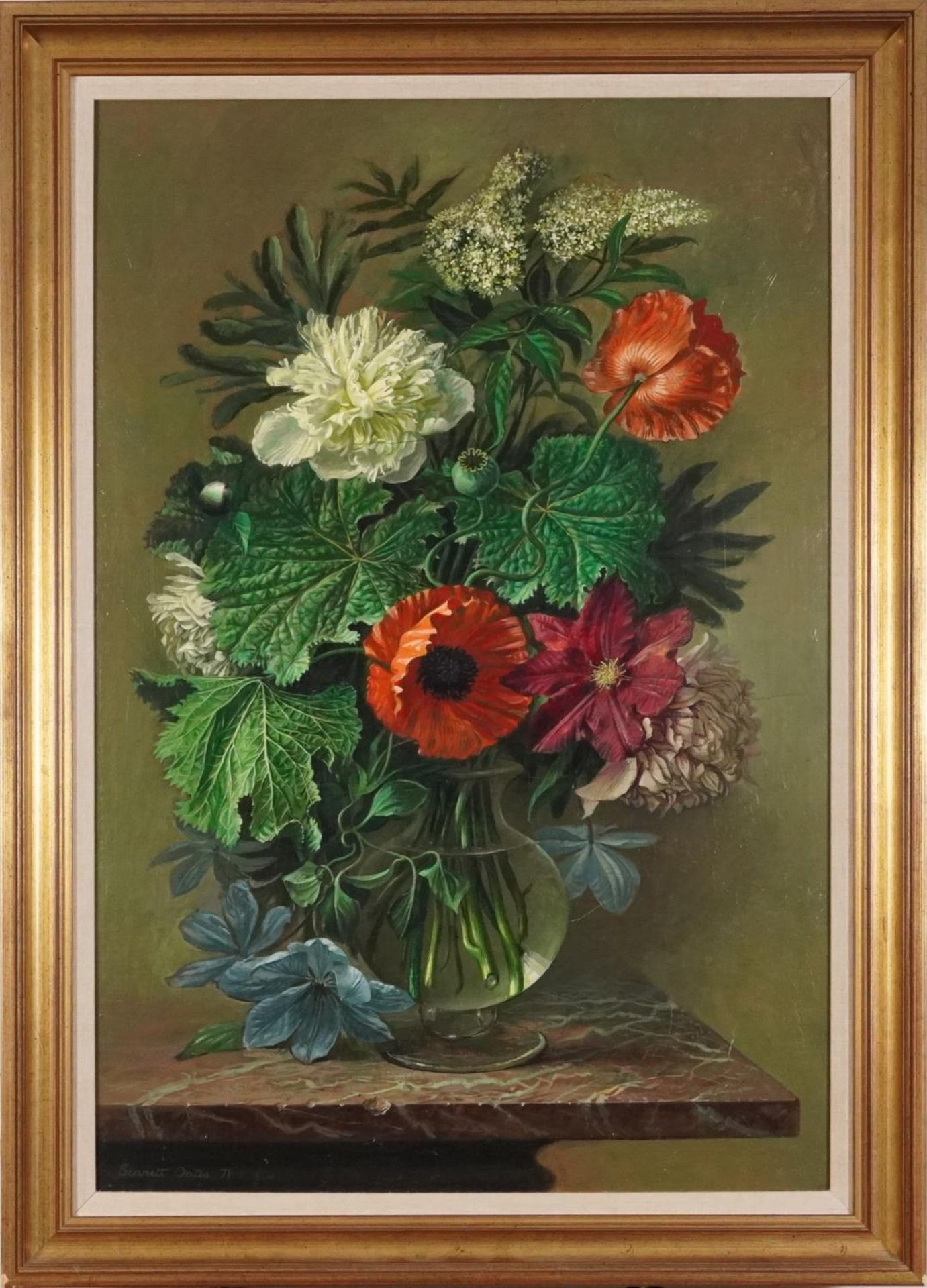 G Bennett Oates 1971 - Mixed flowers in a glass vase, oil on canvas, Stacy Marks inscribed label - Image 2 of 9