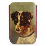 Victorian papier mache and Moroccan leather slip case hand painted with a Jack Russell, 11.5cm x 7cm