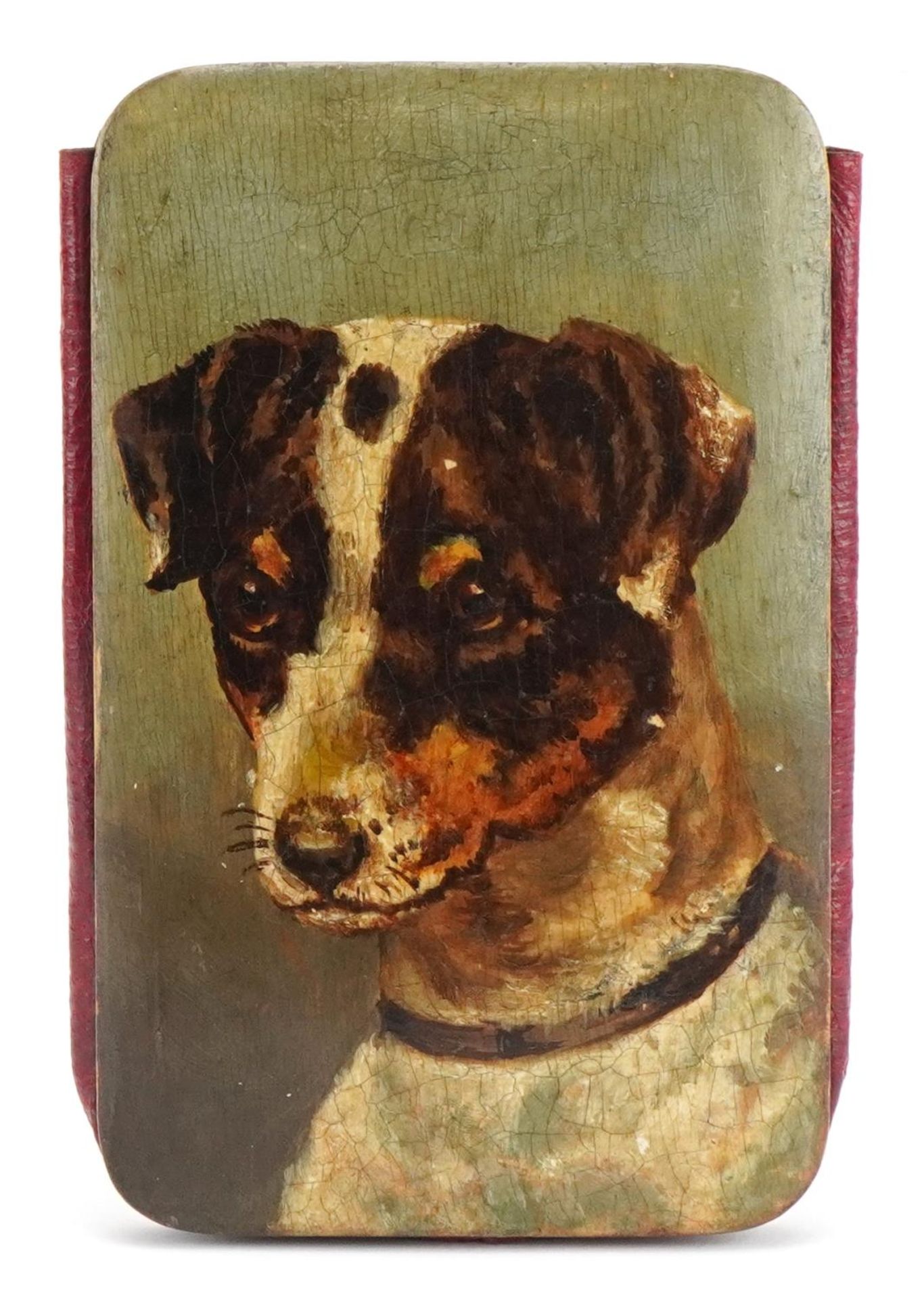 Victorian papier mache and Moroccan leather slip case hand painted with a Jack Russell, 11.5cm x 7cm