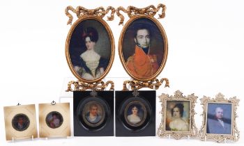 Four pairs of portrait miniatures with frames including a pair of gilt bow design frames, the