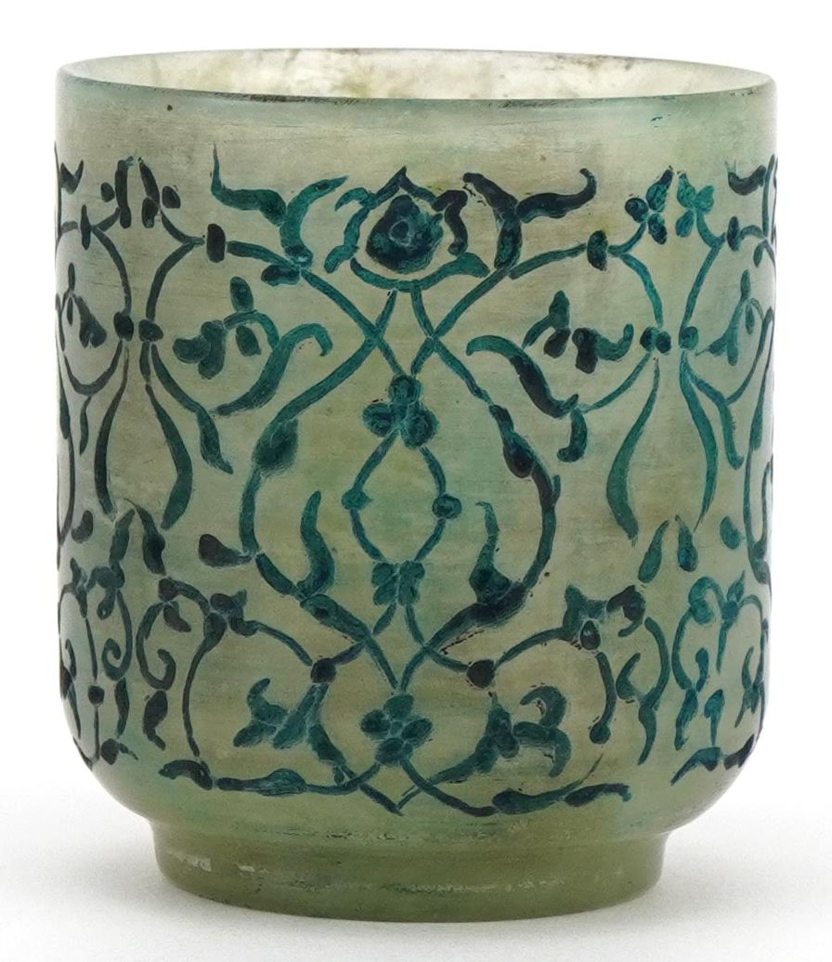 Islamic pale green jade cup carved with foliage : For further information on this lot please visit - Image 2 of 4