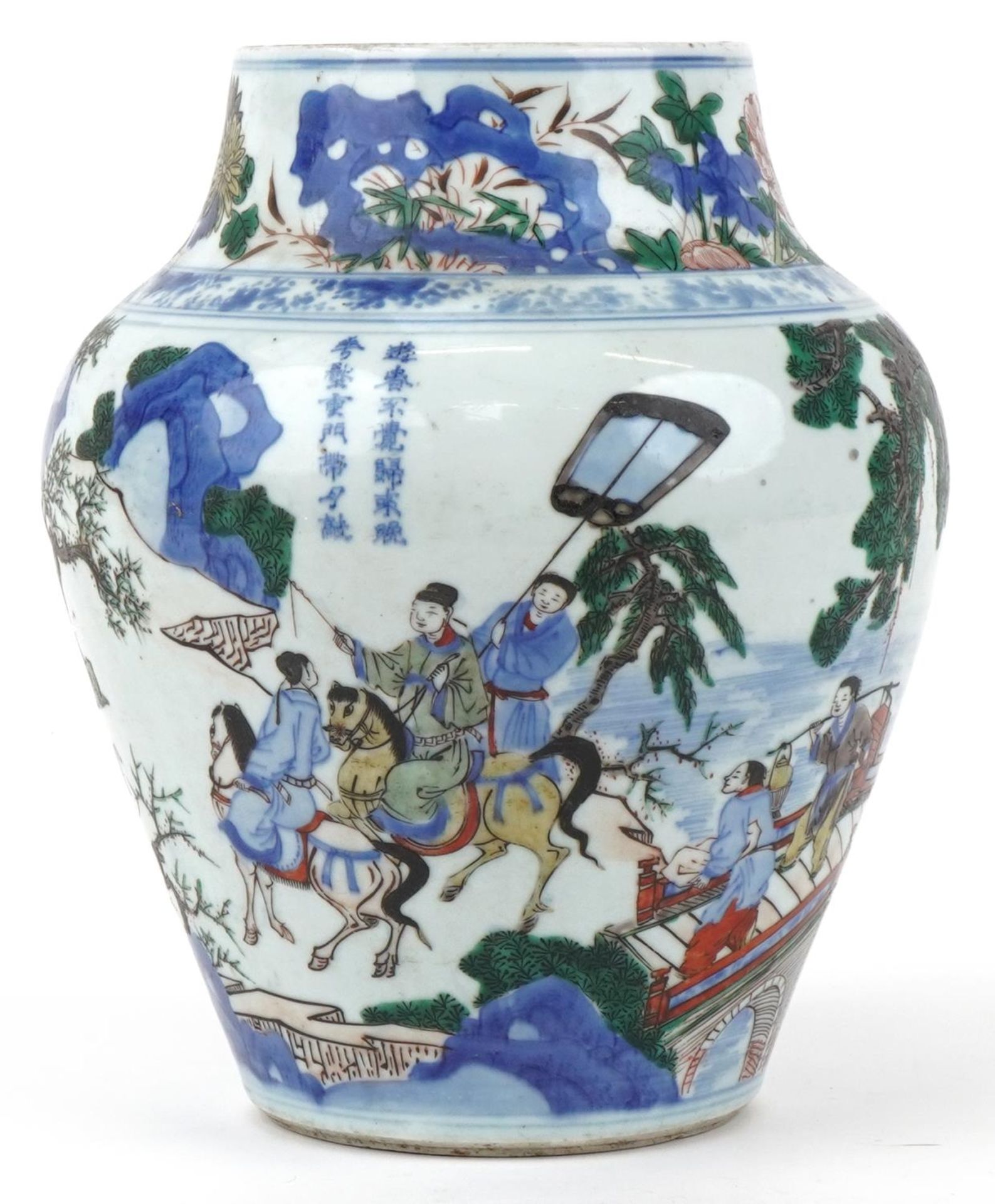 Large Chinese doucai porcelain vase hand painted with a figure on horseback and attendants - Image 3 of 7