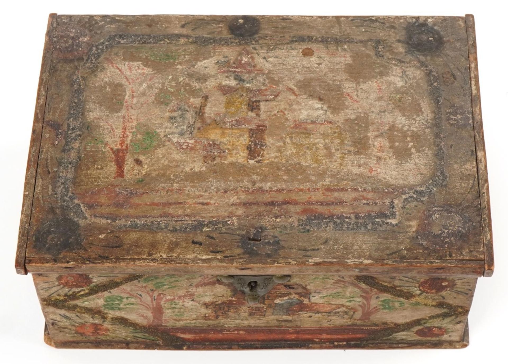 Antique naive treen casket hand painted with buildings and trees, 12cm H x 28cm W x 19cm D : For - Image 2 of 4