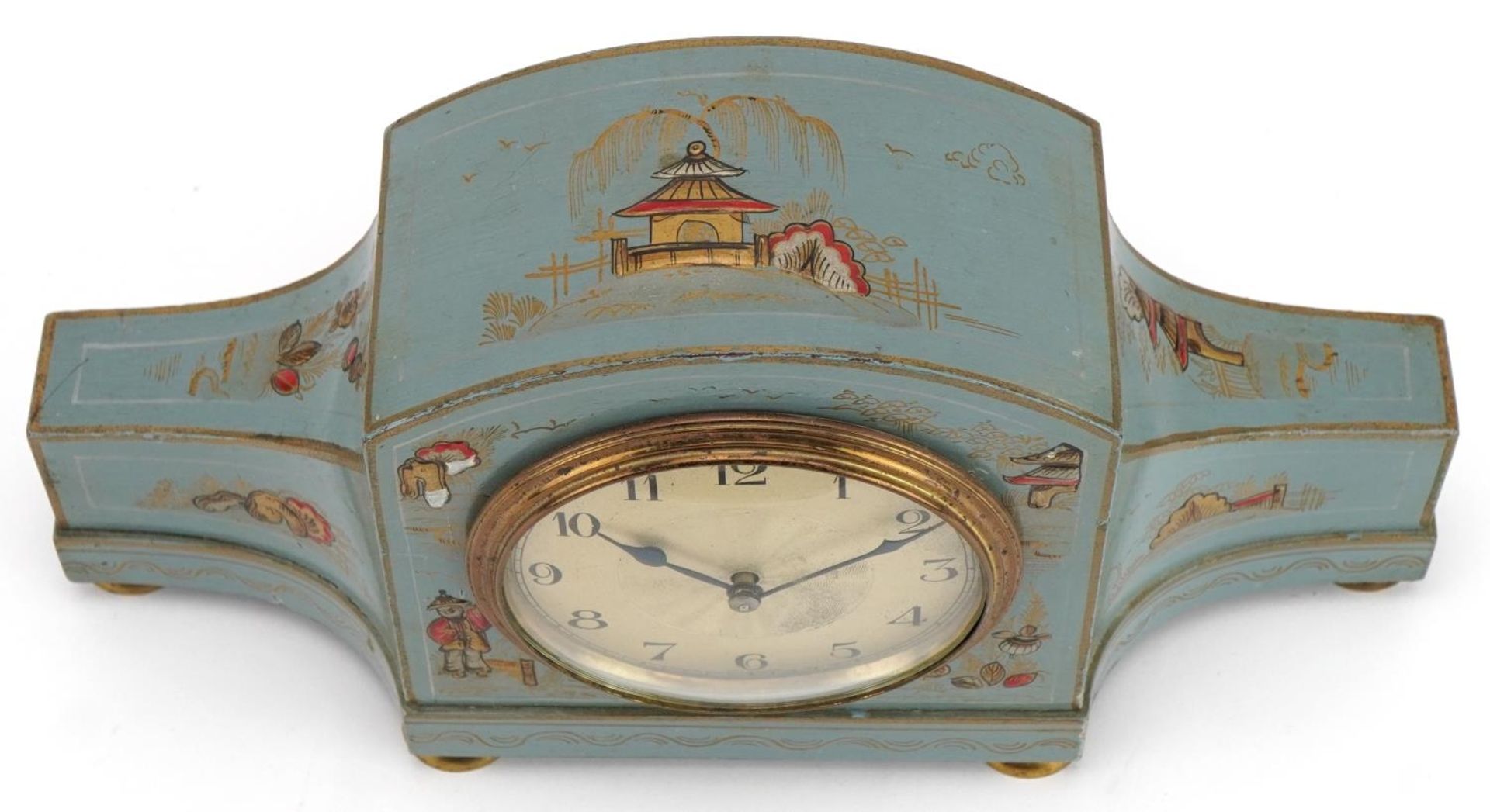 Early 20th century blue chinoiserie lacquered mantle clock hand painted with figures and pagodas, - Image 6 of 7