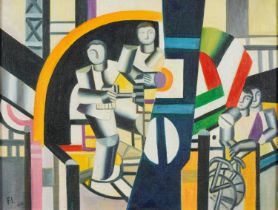 Manner of Fernand Leger - Abstract composition, four figures, French Impressionist oil on board,