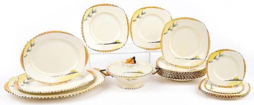 Burleigh Ware, Art Deco Sunray pattern dinnerware including graduated set of three meat platters and