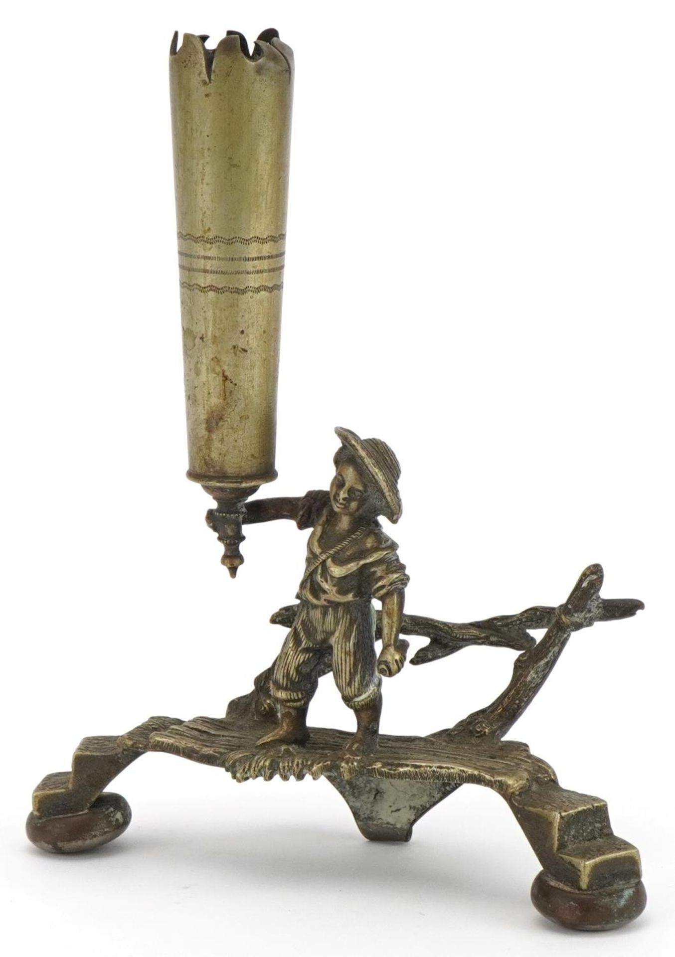 19th century silver plated epergne base in the form of a boy before a fence, 19cm high : For further