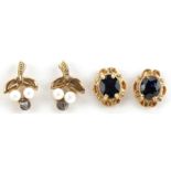 Two pairs of 9ct gold earrings including sapphires and seed pearls, total 1.8g : For further