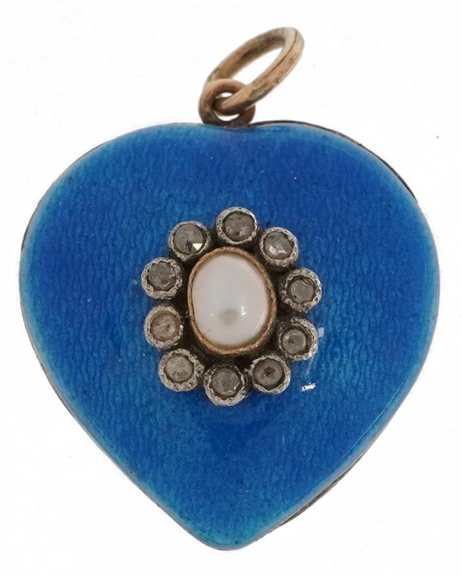 Unmarked gold blue guilloche enamel, diamond and cultured pearl love heart pendant, tests as 18ct