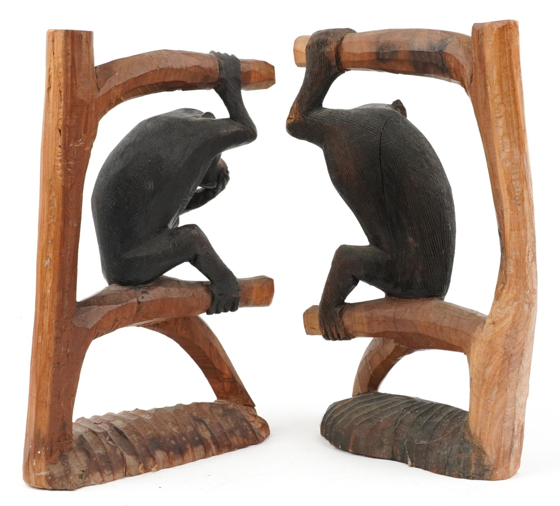 Pair of part stained wood carvings of monkeys on branches, each 30cm high : For further - Image 2 of 3
