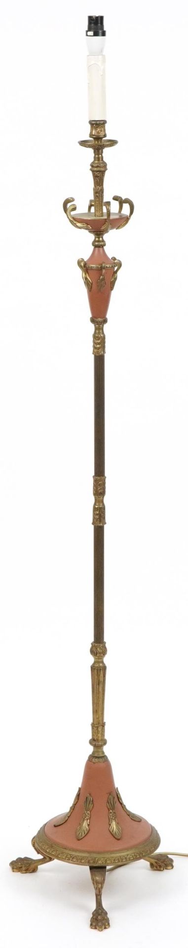French style brass reeded standard lamp with lion paw feet, 148cm high : For further information - Image 3 of 3
