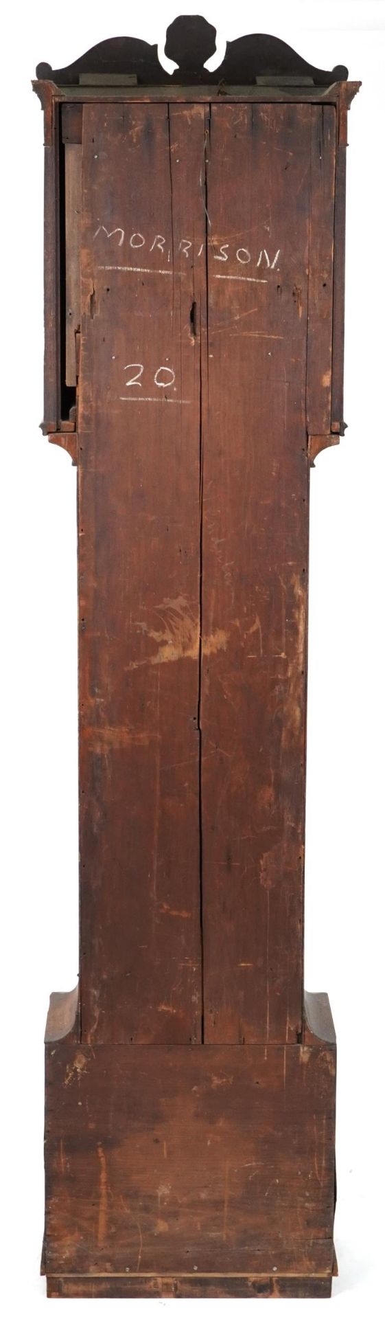 Antique mahogany grandfather clock with painted dial having Roman numerals and two subsidiary dials, - Image 3 of 4