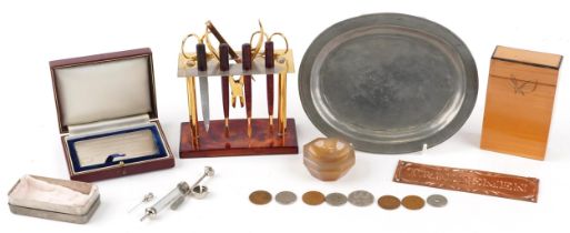 Antique and later sundry items including agate dish, faux tortoiseshell vanity set on stand,