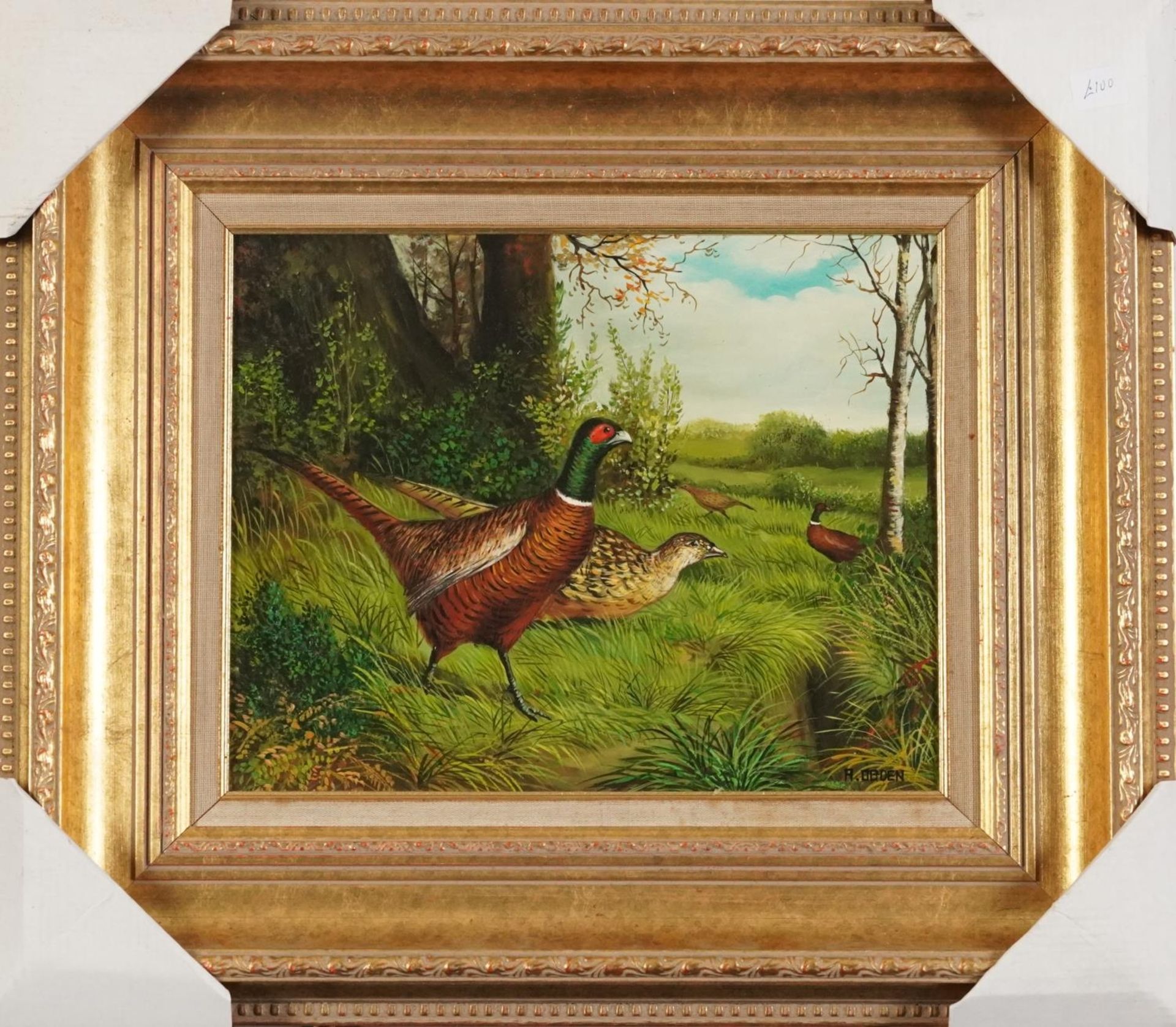 A Ogden - Pheasants in a landscape, 19th century style oil on wood panel, mounted and framed, 29cm x - Image 2 of 5