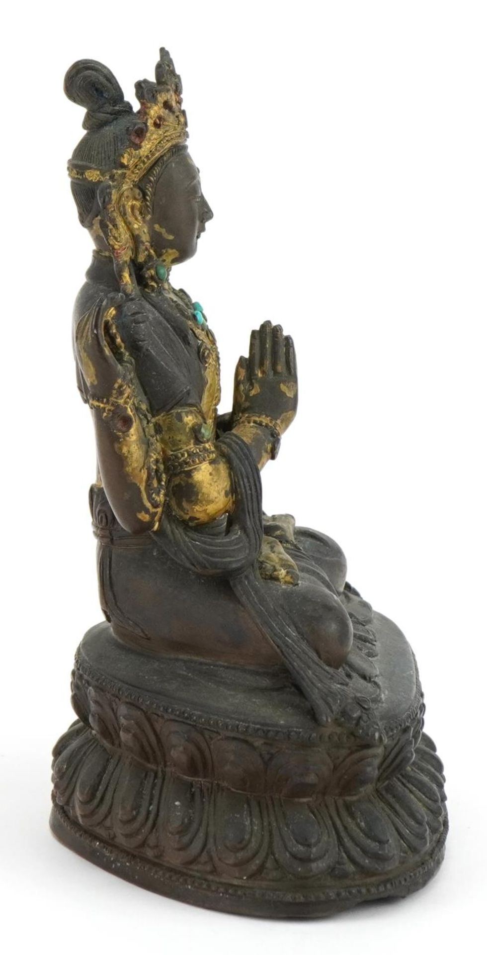 18th Century Chino Tibetan gilt bronze buddha of Sadaksari inset with turquoise cabochons, 16cm high - Image 8 of 10
