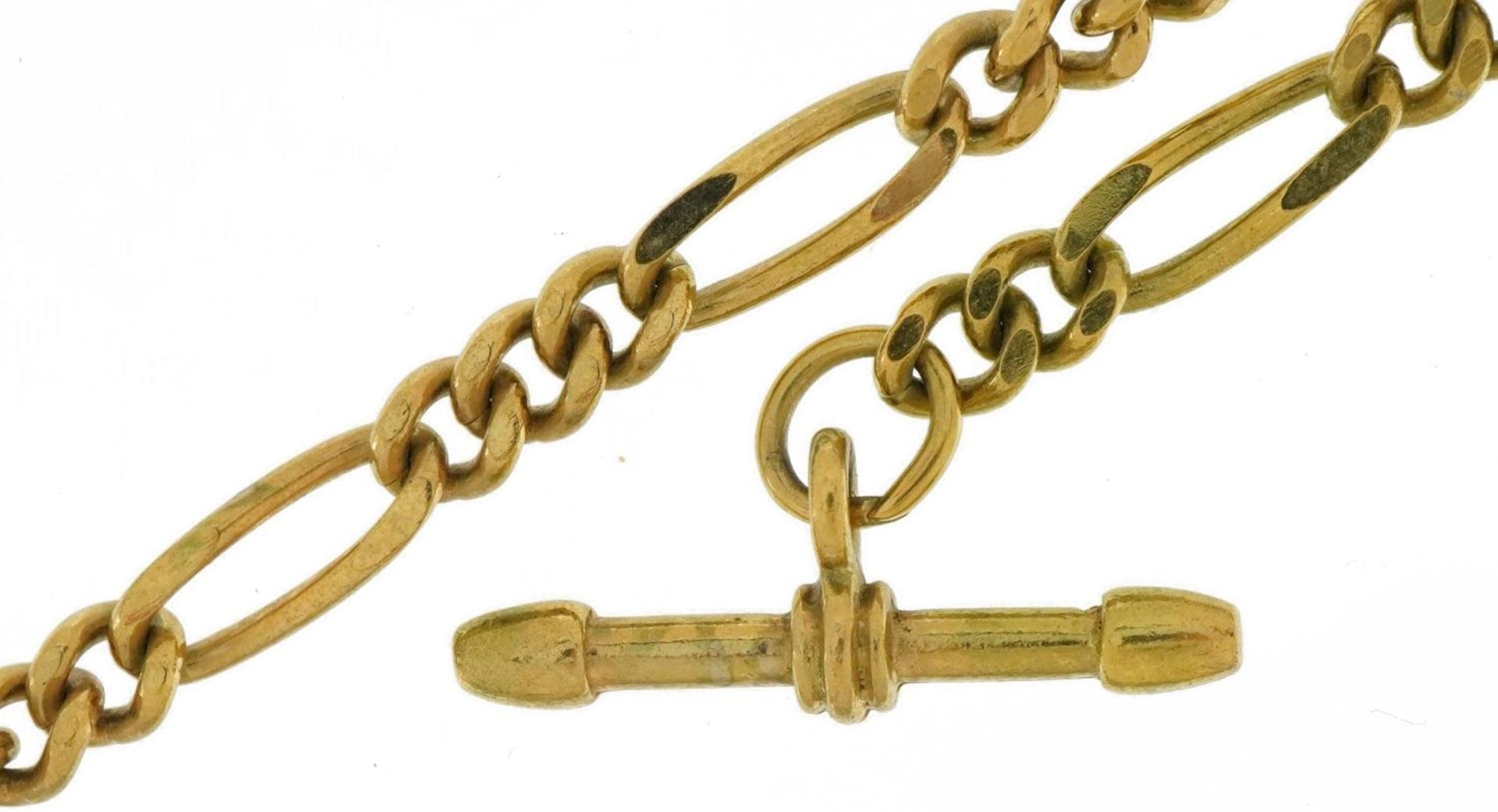 Gold plated Figaro link watch chain with T bar and dog clip, 48cm in length, 25.8g : For further