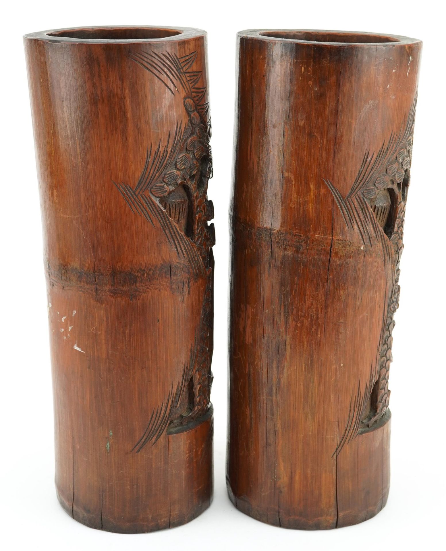 Large pair of oriental Chinese bamboo brush pots carved with elders, 29cm high : For further - Image 4 of 6