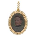 Antique 15ct gold seed pearl portrait miniature pendant hand painted with a male and female portrait