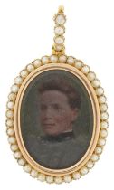 Antique 15ct gold seed pearl portrait miniature pendant hand painted with a male and female portrait