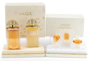 Two Lalique scent or perfume bottle sets with boxes comprising Coffret Découverte Discovery set