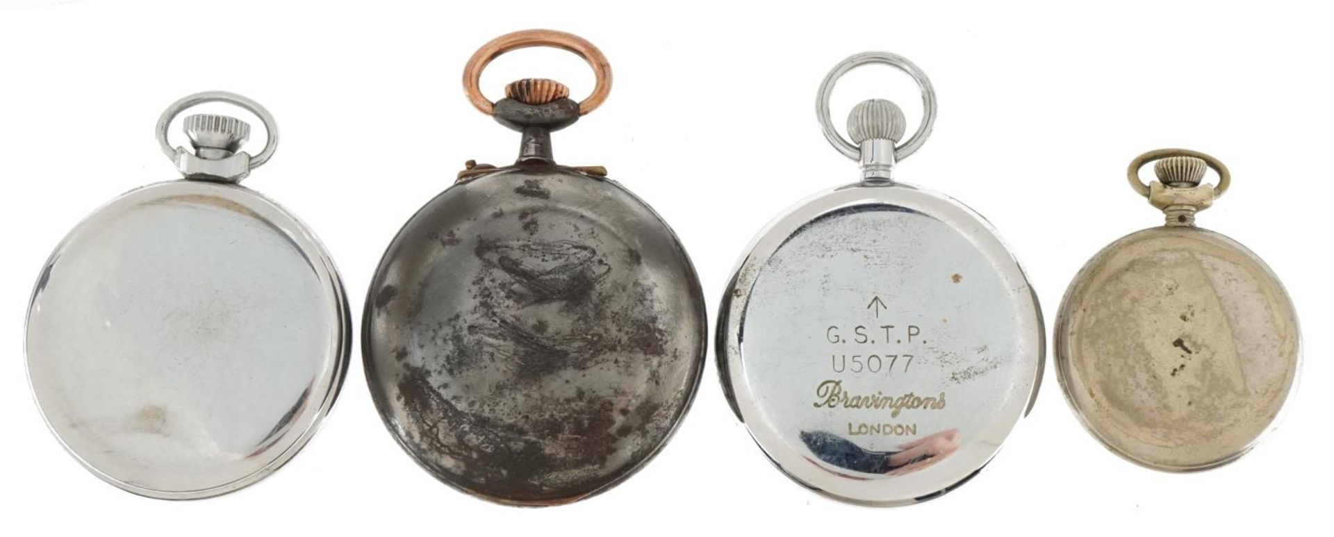 Four open face pocket watches including one British military interest engraved G.S.T.P.U5077, the - Image 2 of 2