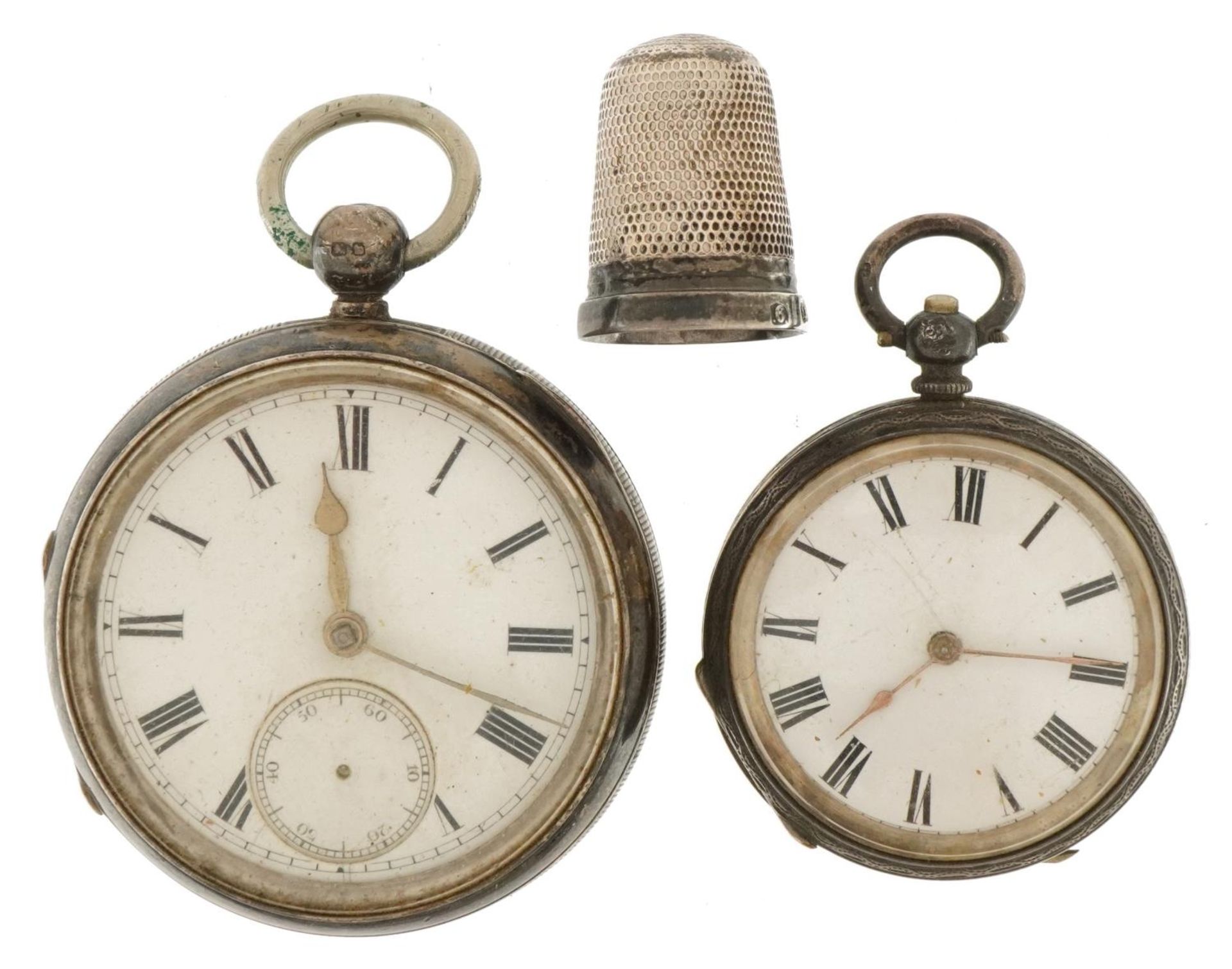 Silver open face gentlemen's pocket watch, ladies pocket watch and Charles Horner silver thimble,