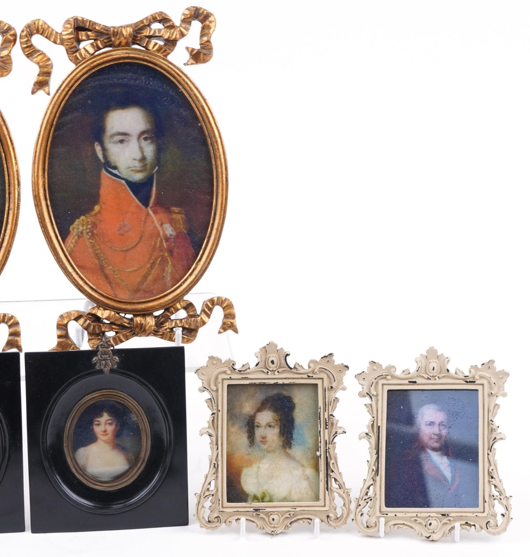 Four pairs of portrait miniatures with frames including a pair of gilt bow design frames, the - Image 3 of 5