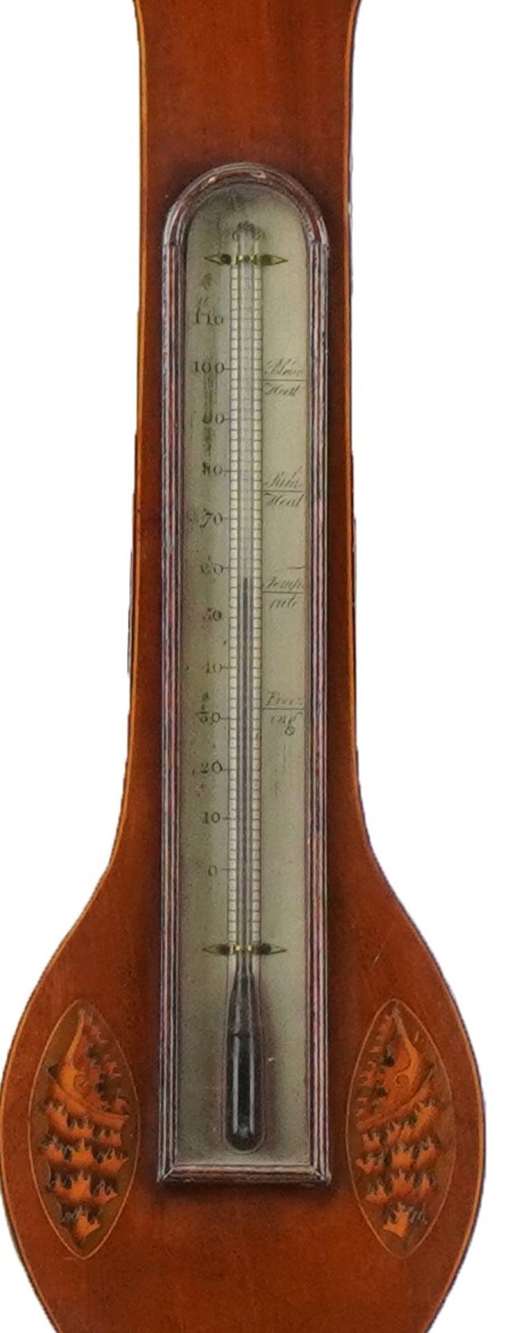 Antique mahogany banjo wall barometer with thermometer inlaid with shells and flower heads having - Image 3 of 5