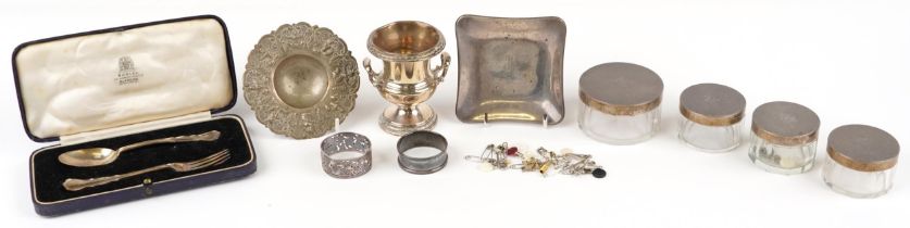Silver objects and a Persian white metal dish including urn with twin handles, square dish,